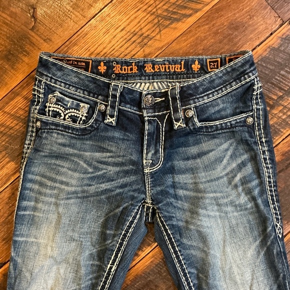 Rock Revival Sharon Skinny Jeans Dark Wash Distressed Embroidered Size 27 - Picture 8 of 12